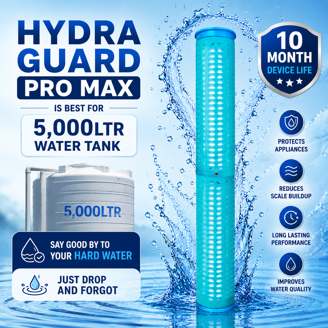 Hydra Guard Pro Max is  Best For 5,000Ltr Water tank Conditioner